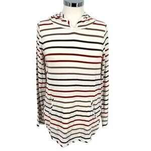 Market & Spruce Striped Hooded Long Sleeve Top Ivory Red Brown Size Medium NWT